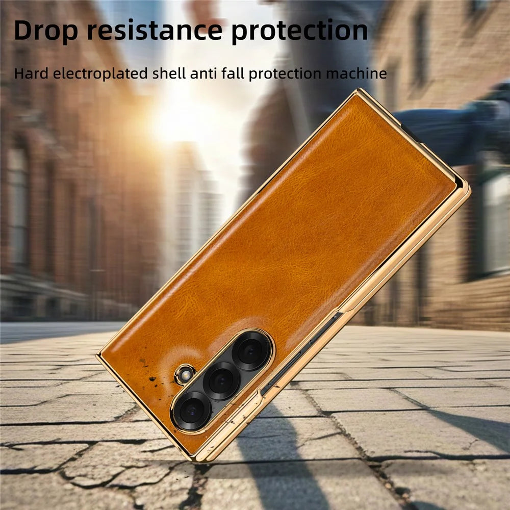 For Samsung Galaxy Z Fold7 5G Case Crazy Horse Texture PU Leather + PC Anti-Slip Phone Cover Built-in Screen Protector - Brown - 3