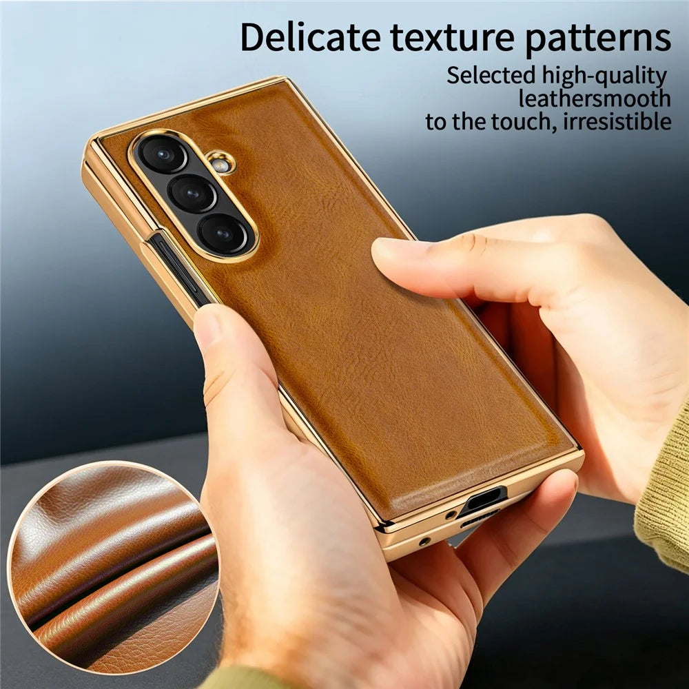 For Samsung Galaxy Z Fold7 5G Case Crazy Horse Texture PU Leather + PC Anti-Slip Phone Cover Built-in Screen Protector - Brown - 4