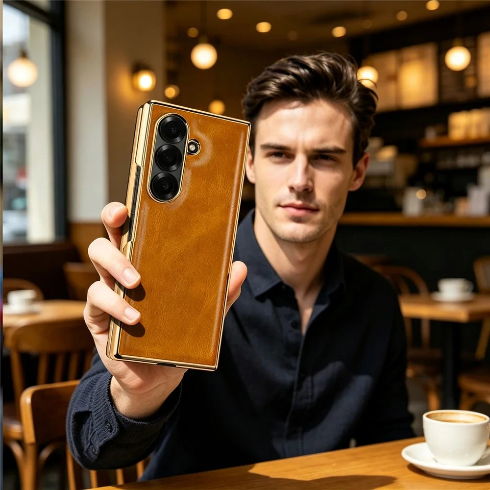 For Samsung Galaxy Z Fold7 5G Case Crazy Horse Texture PU Leather + PC Anti-Slip Phone Cover Built-in Screen Protector - Brown - 7