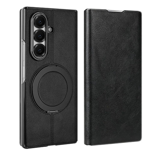 For Samsung Galaxy Z Fold7 5G Case Rotating Magnetic Kickstand PU Leather + PC Foldable Phone Cover - Black - 1