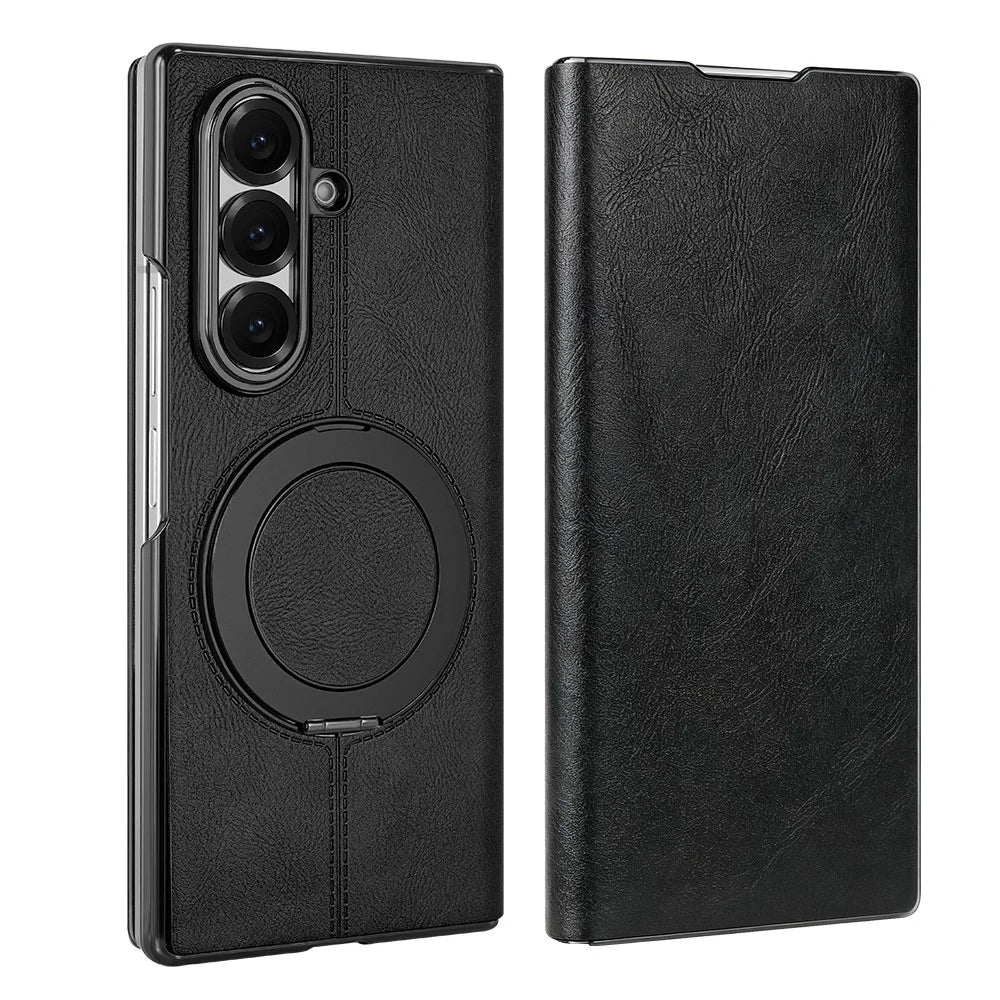 For Samsung Galaxy Z Fold7 5G Case Rotating Magnetic Kickstand PU Leather + PC Foldable Phone Cover - Black - 1