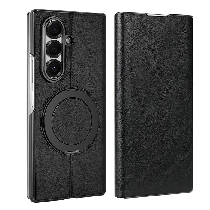 For Samsung Galaxy Z Fold7 5G Case Rotating Magnetic Kickstand PU Leather + PC Foldable Phone Cover - Black - 1