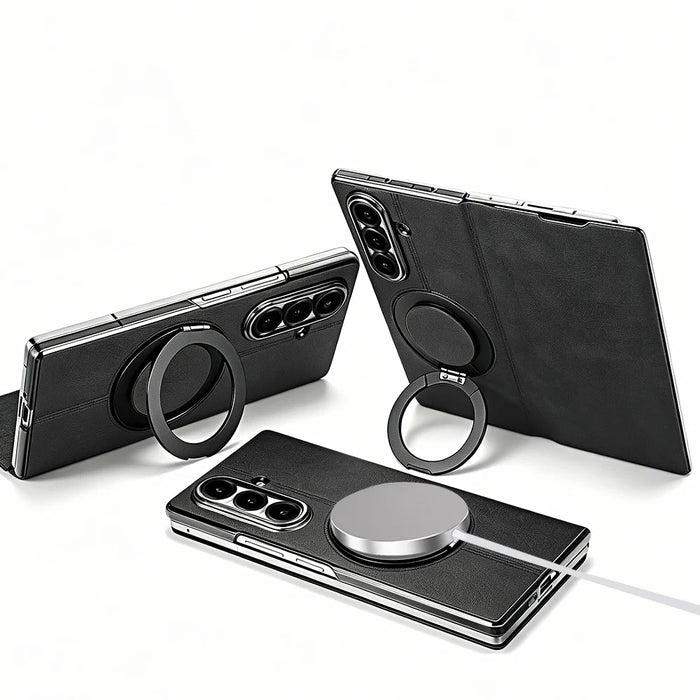 For Samsung Galaxy Z Fold7 5G Case Rotating Magnetic Kickstand PU Leather + PC Foldable Phone Cover - Black - 2