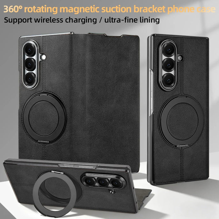 For Samsung Galaxy Z Fold7 5G Case Rotating Magnetic Kickstand PU Leather + PC Foldable Phone Cover - Black - 3