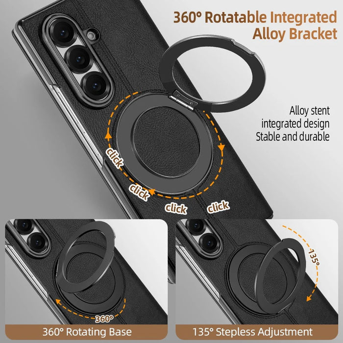 For Samsung Galaxy Z Fold7 5G Case Rotating Magnetic Kickstand PU Leather + PC Foldable Phone Cover - Black - 4