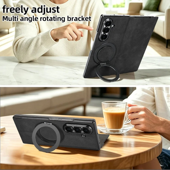 For Samsung Galaxy Z Fold7 5G Case Rotating Magnetic Kickstand PU Leather + PC Foldable Phone Cover - Black - 5