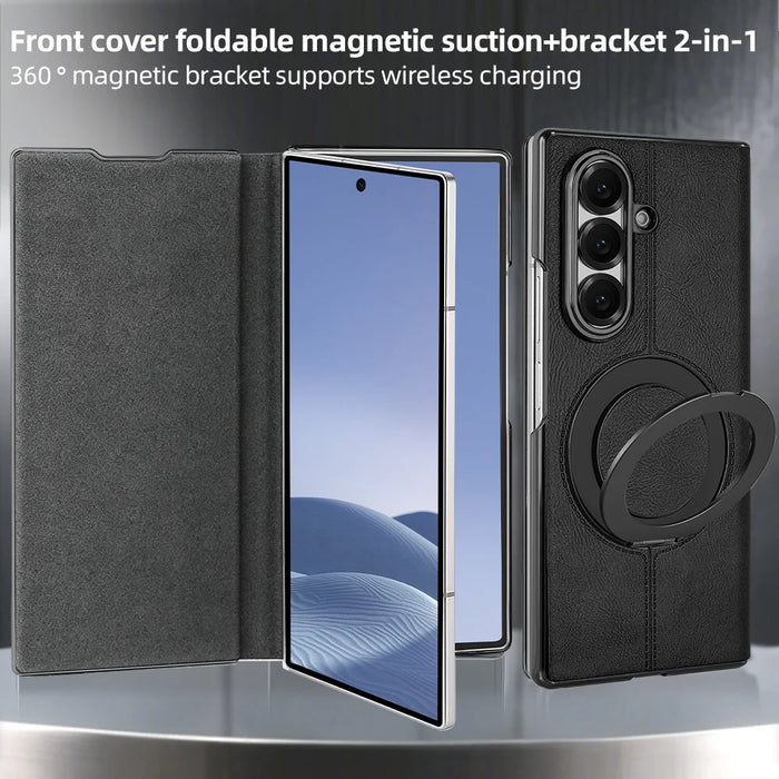For Samsung Galaxy Z Fold7 5G Case Rotating Magnetic Kickstand PU Leather + PC Foldable Phone Cover - Black - 6