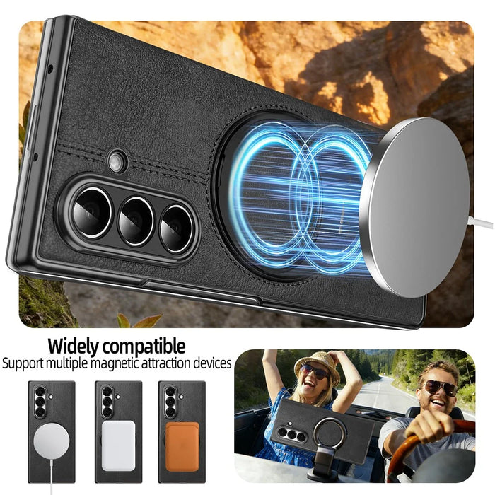 For Samsung Galaxy Z Fold7 5G Case Rotating Magnetic Kickstand PU Leather + PC Foldable Phone Cover - Black - 7