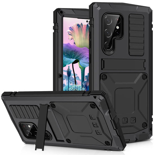 R-JUST For Samsung Galaxy S23 Ultra Waterproof Drop-Proof Case Kickstand Back Cover with Tempered Glass - Black - 1
