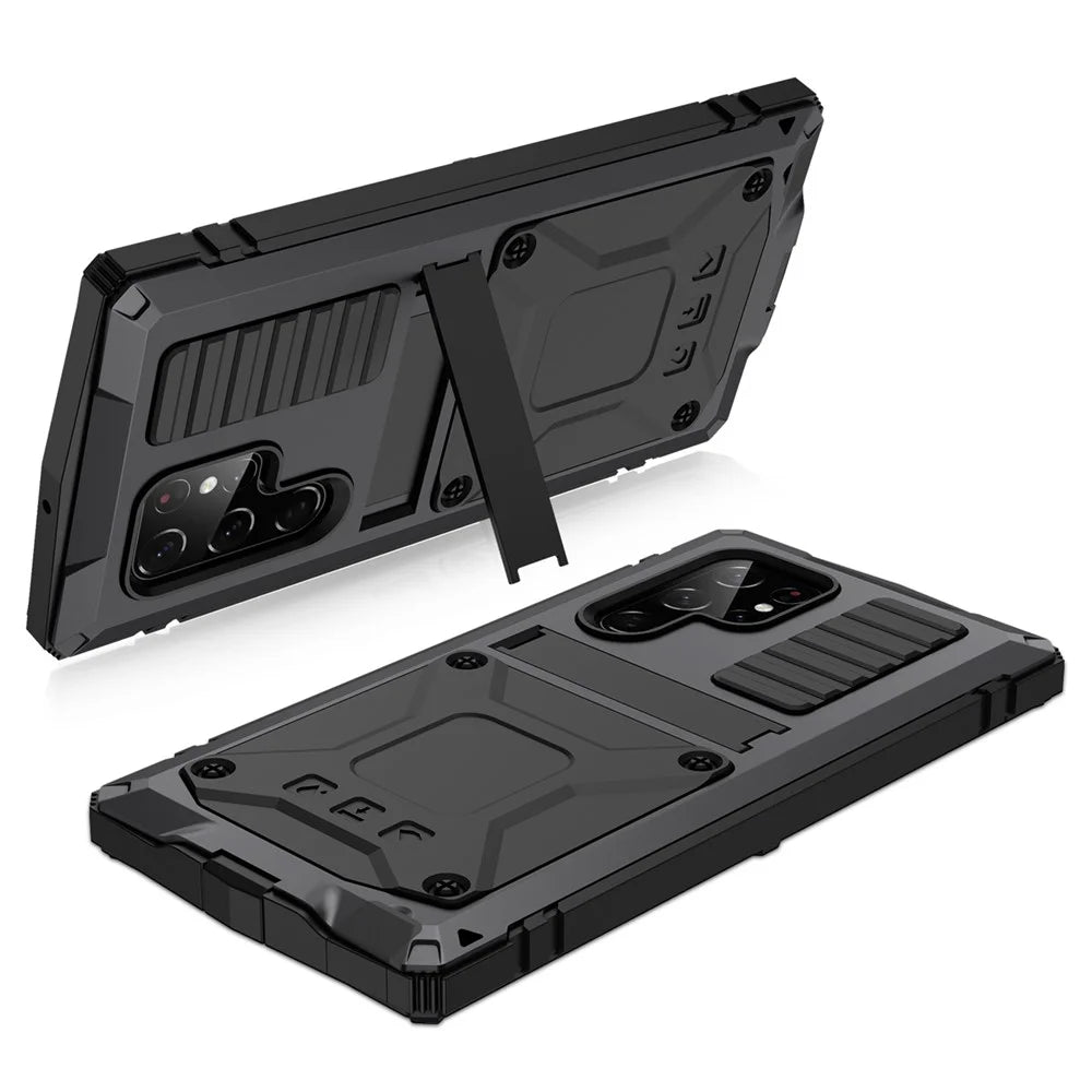 R-JUST For Samsung Galaxy S23 Ultra Waterproof Drop-Proof Case Kickstand Back Cover with Tempered Glass - Black - 2