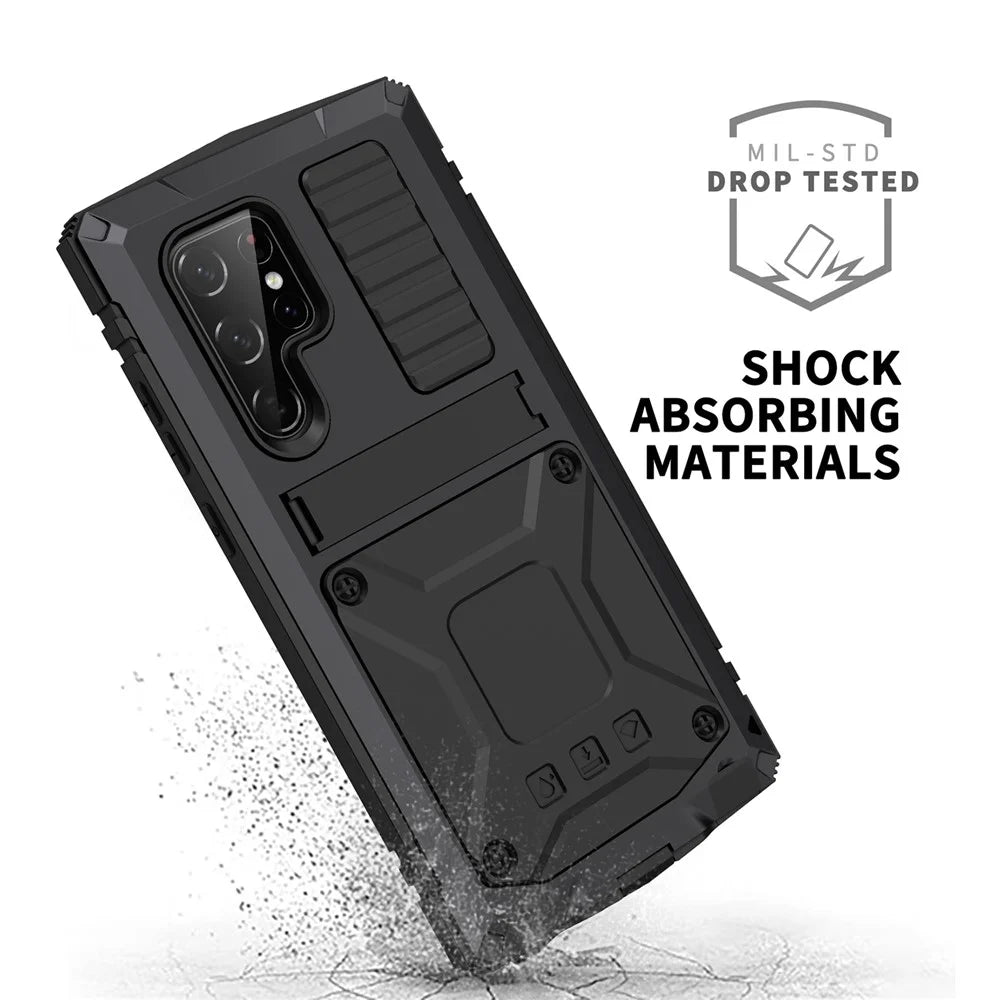 R-JUST For Samsung Galaxy S23 Ultra Waterproof Drop-Proof Case Kickstand Back Cover with Tempered Glass - Black - 4