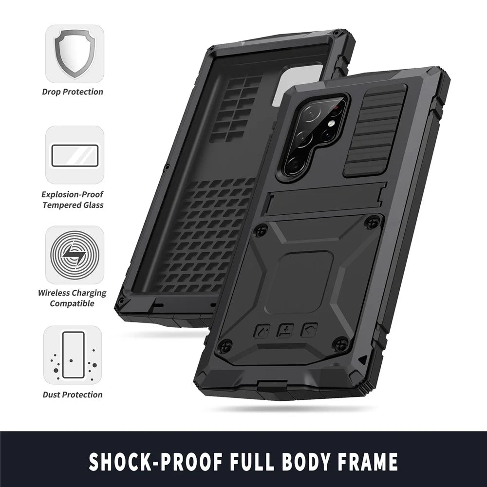 R-JUST For Samsung Galaxy S23 Ultra Waterproof Drop-Proof Case Kickstand Back Cover with Tempered Glass - Black - 6