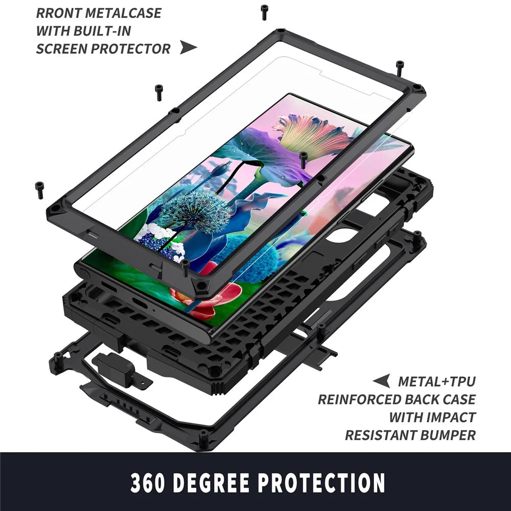 R-JUST For Samsung Galaxy S23 Ultra Waterproof Drop-Proof Case Kickstand Back Cover with Tempered Glass - Black - 7