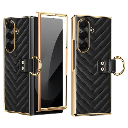 For Samsung Galaxy Z Fold7 5G Case V-Shape Pattern Kickstand PC Phone Cover with Tempered Glass Film - Black - 1
