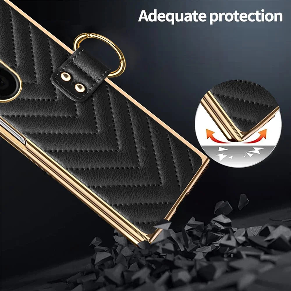 For Samsung Galaxy Z Fold7 5G Case V-Shape Pattern Kickstand PC Phone Cover with Tempered Glass Film - Black - 3