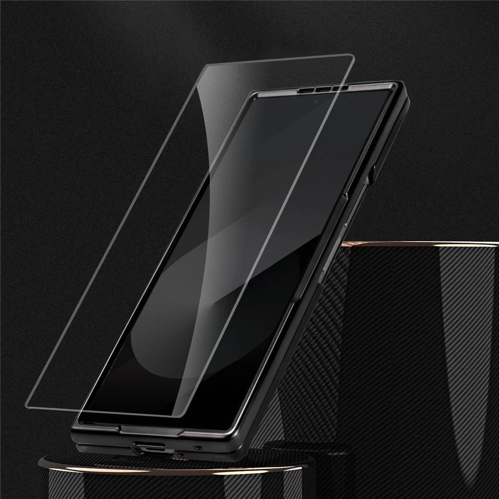 For Samsung Galaxy Z Fold7 5G Case V-Shape Pattern Kickstand PC Phone Cover with Tempered Glass Film - Black - 5