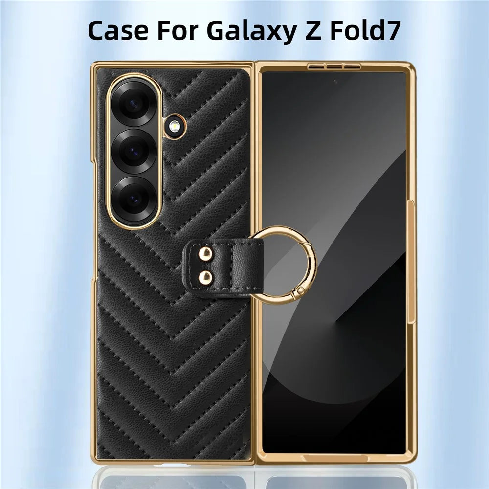 For Samsung Galaxy Z Fold7 5G Case V-Shape Pattern Kickstand PC Phone Cover with Tempered Glass Film - Black - 6