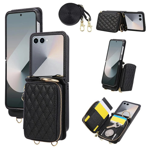 For Samsung Galaxy Z Flip8 Case Zipper Card Holder  PU Leather Phone Back Cover with Shoulder Strap - Black - 1
