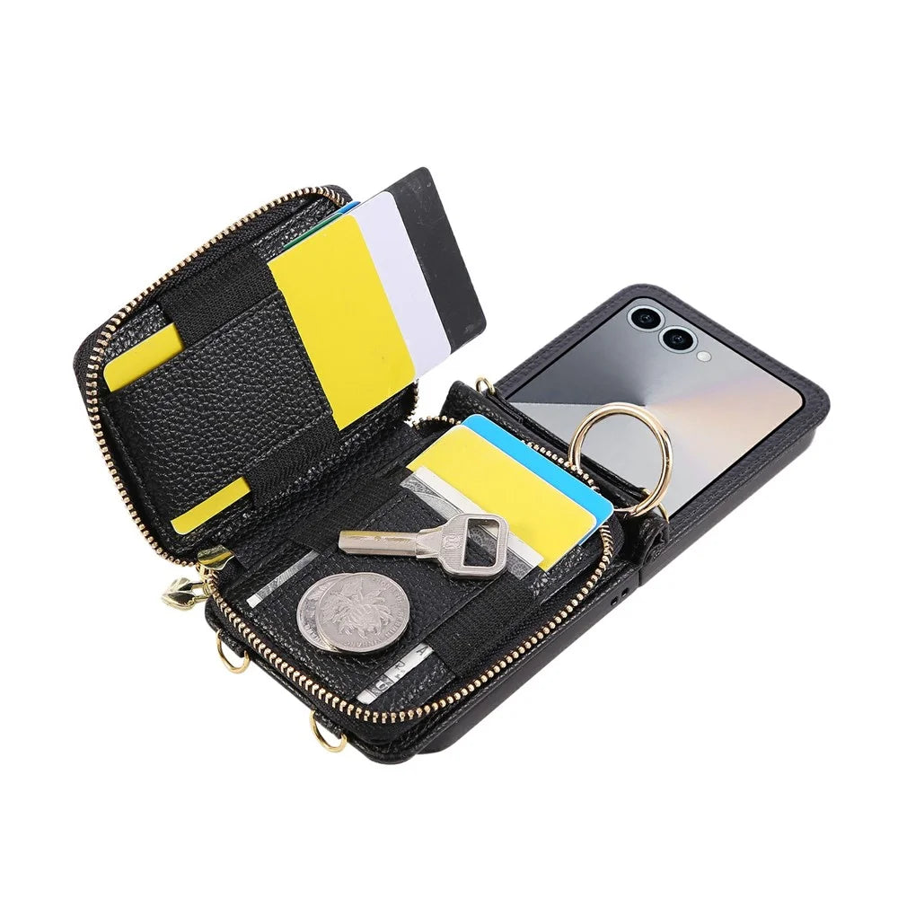 For Samsung Galaxy Z Flip8 Case Zipper Card Holder  PU Leather Phone Back Cover with Shoulder Strap - Black - 2