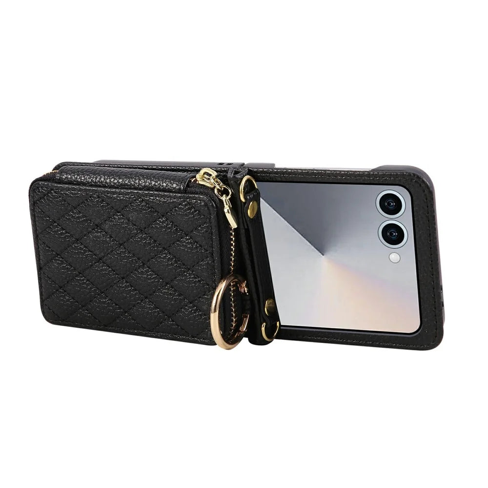 For Samsung Galaxy Z Flip8 Case Zipper Card Holder  PU Leather Phone Back Cover with Shoulder Strap - Black - 5