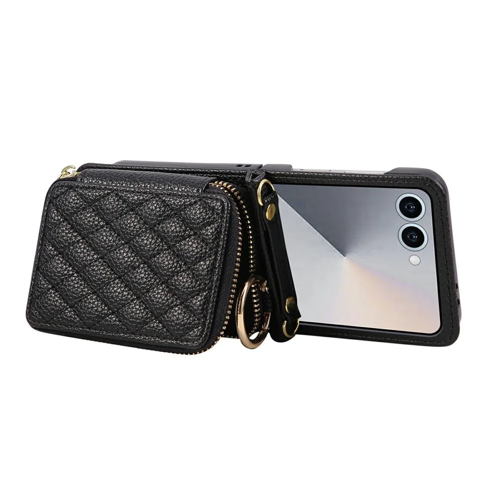 For Samsung Galaxy Z Flip8 Case Zipper Card Holder  PU Leather Phone Back Cover with Shoulder Strap - Black - 6