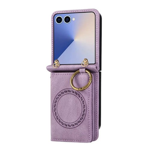 For Samsung Galaxy Z Flip8 Case Card Holder Ring Kickstand Leather + PC Phone Cover - Purple - 1