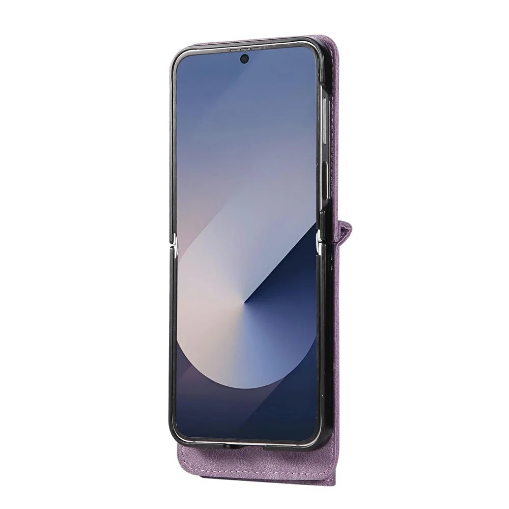 For Samsung Galaxy Z Flip8 Case Card Holder Ring Kickstand Leather + PC Phone Cover - Purple - 2