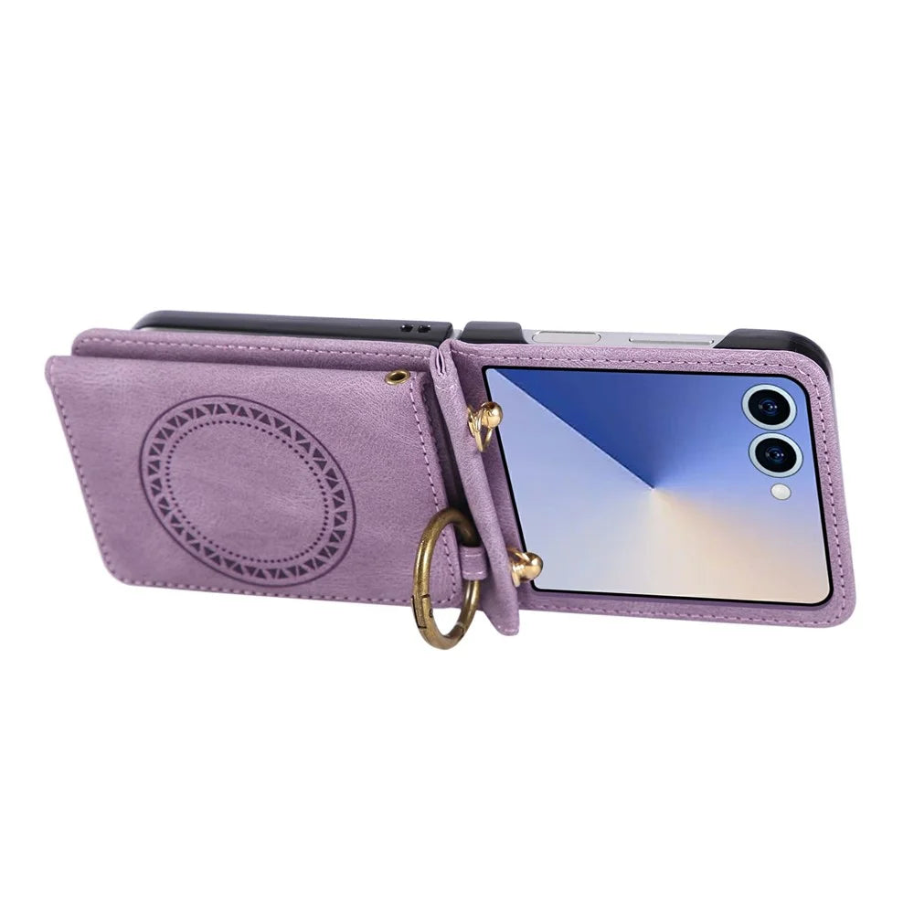 For Samsung Galaxy Z Flip8 Case Card Holder Ring Kickstand Leather + PC Phone Cover - Purple - 4