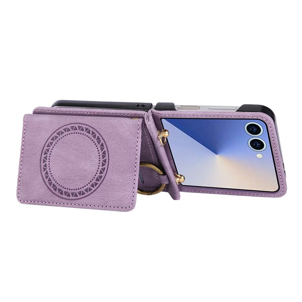 For Samsung Galaxy Z Flip8 Case Card Holder Ring Kickstand Leather + PC Phone Cover - Purple - 5