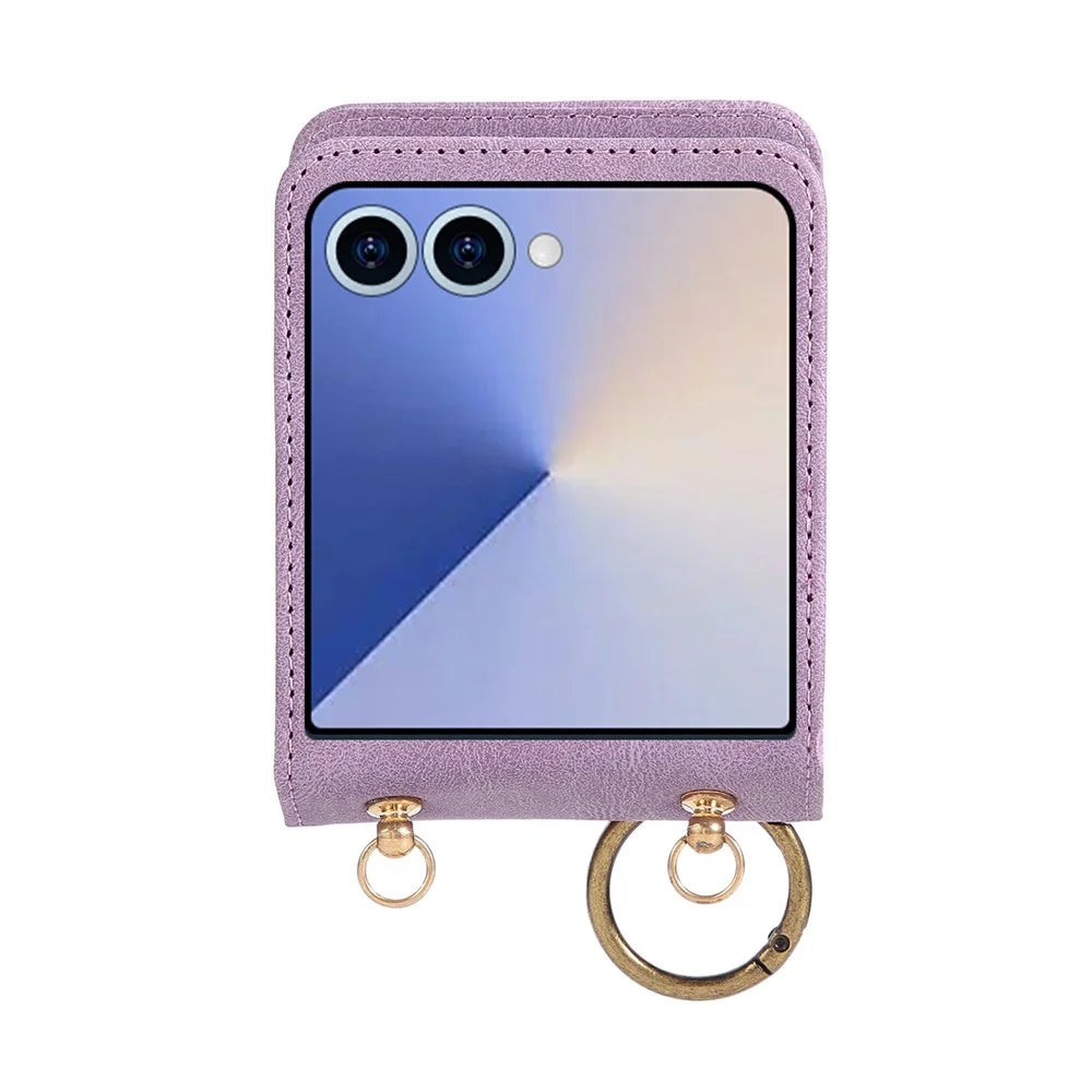 For Samsung Galaxy Z Flip8 Case Card Holder Ring Kickstand Leather + PC Phone Cover - Purple - 7