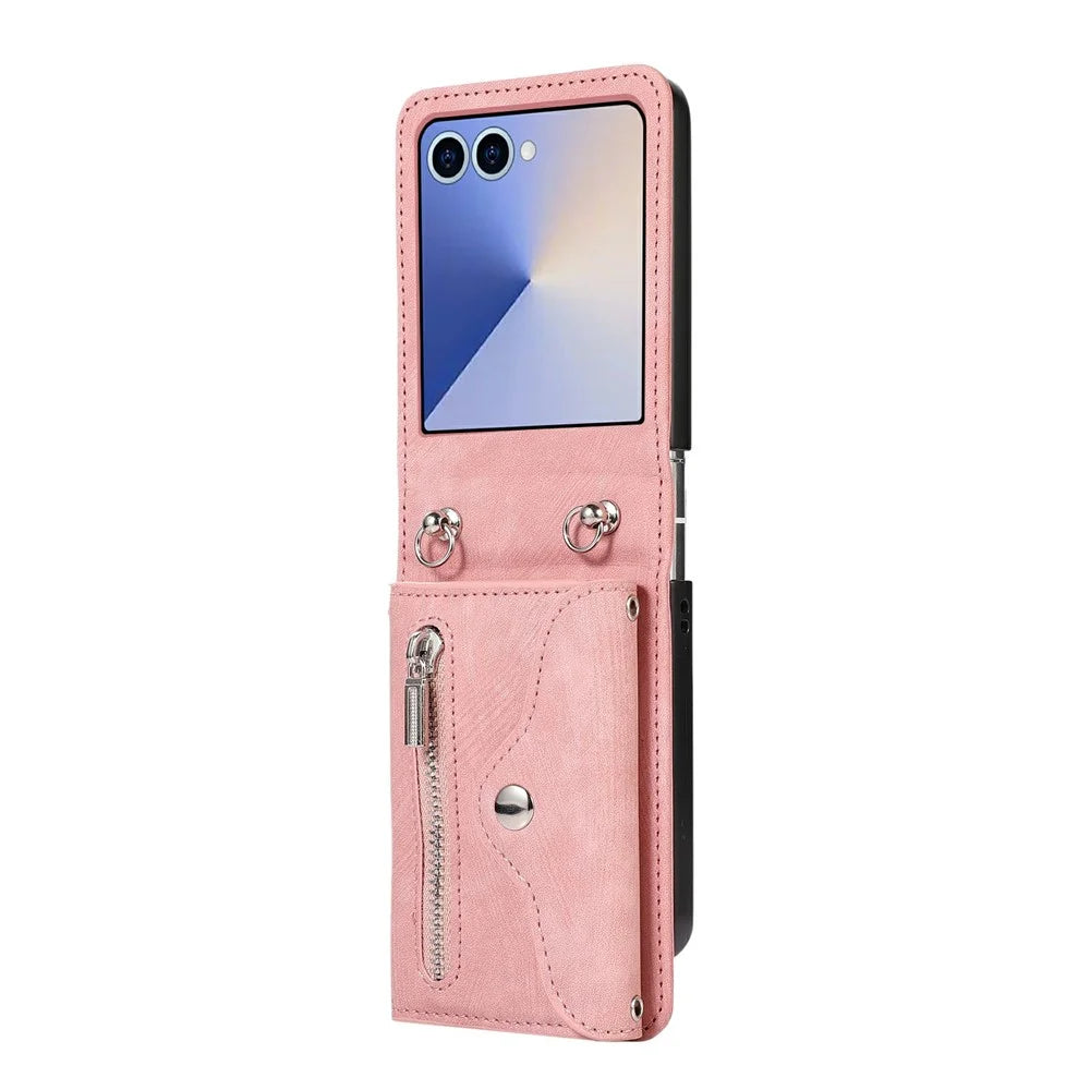 For Samsung Galaxy Z Flip8 Case RFID Blocking Card Holder Kickstand PU Leather + PC Phone Cover - Rose Gold - 1