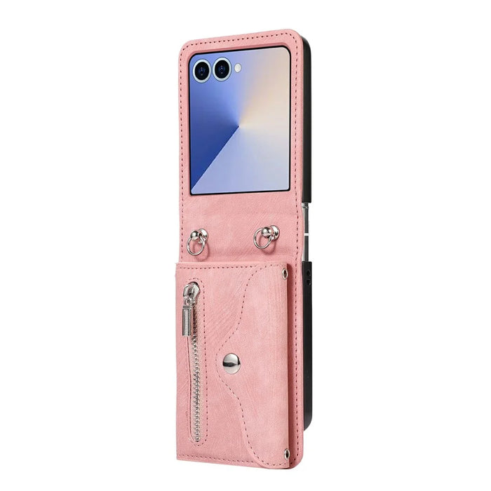 For Samsung Galaxy Z Flip8 Case RFID Blocking Card Holder Kickstand PU Leather + PC Phone Cover - Rose Gold - 1