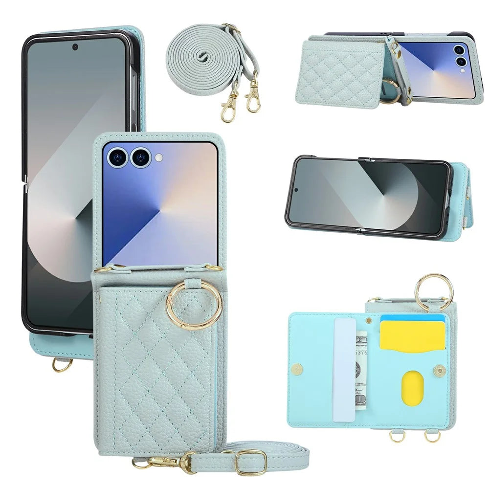 For Samsung Galaxy Z Flip8 Case Kickstand Rhombus Leather + PC Phone Cover with Shoulder Strap - Blue - 1