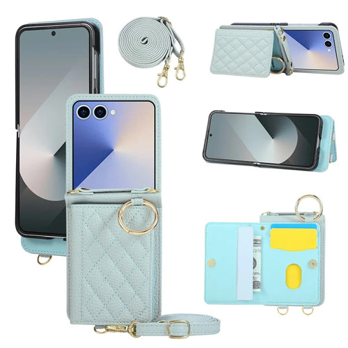 For Samsung Galaxy Z Flip8 Case Kickstand Rhombus Leather + PC Phone Cover with Shoulder Strap - Blue - 1