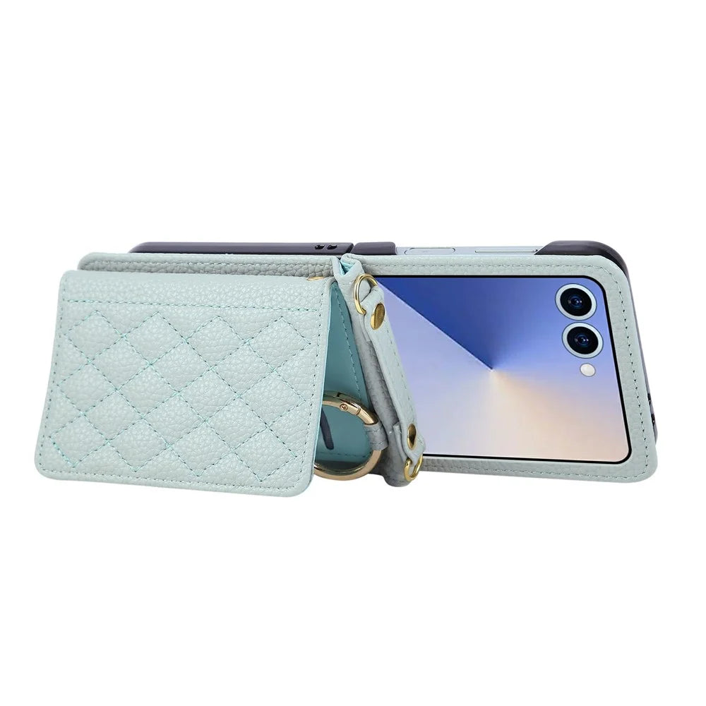 For Samsung Galaxy Z Flip8 Case Kickstand Rhombus Leather + PC Phone Cover with Shoulder Strap - Blue - 5