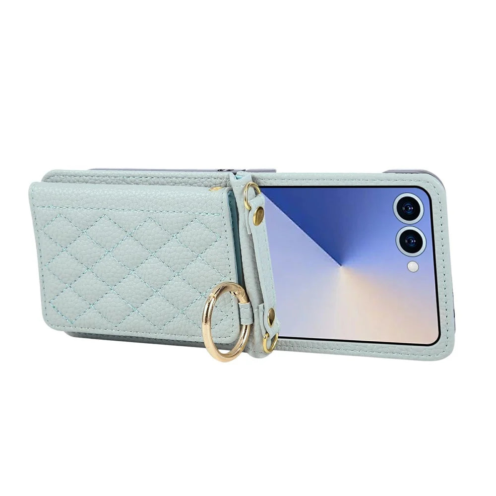 For Samsung Galaxy Z Flip8 Case Kickstand Rhombus Leather + PC Phone Cover with Shoulder Strap - Blue - 6