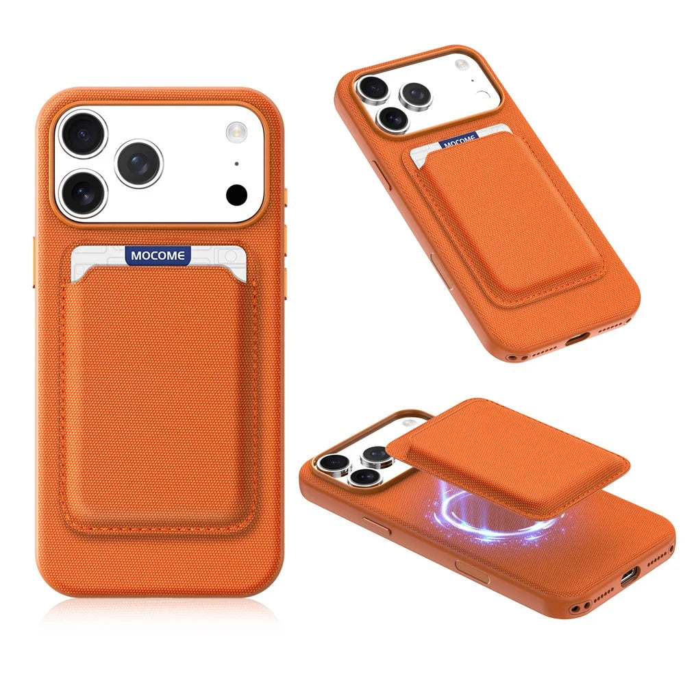 For iPhone 17 Pro Max Magnetic Case Tech Fabric Coated TPU + PC Phone Cover with RFID Blocking Card Holder - Orange - 1