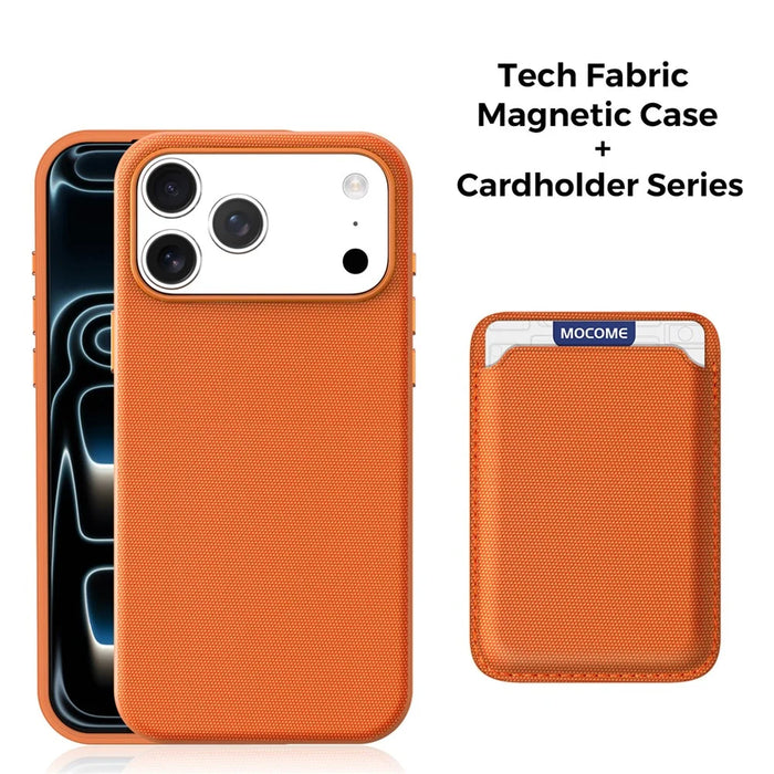 For iPhone 17 Pro Max Magnetic Case Tech Fabric Coated TPU + PC Phone Cover with RFID Blocking Card Holder - Orange - 2
