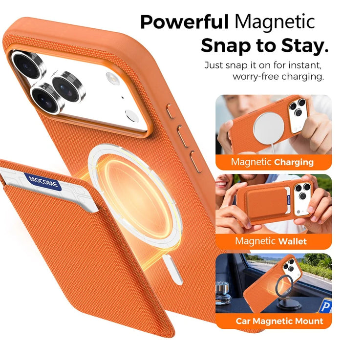 For iPhone 17 Pro Max Magnetic Case Tech Fabric Coated TPU + PC Phone Cover with RFID Blocking Card Holder - Orange - 6