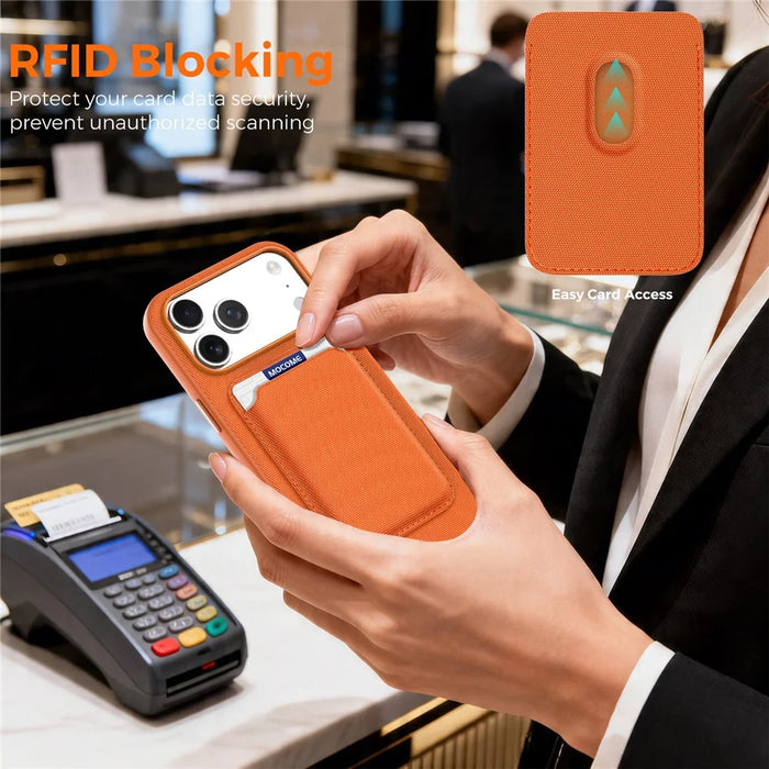 For iPhone 17 Pro Max Magnetic Case Tech Fabric Coated TPU + PC Phone Cover with RFID Blocking Card Holder - Orange - 7