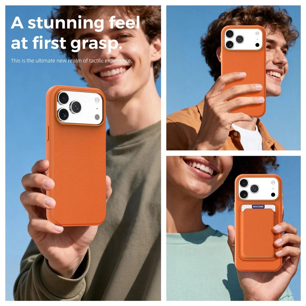 For iPhone 18 Pro Max Magnetic Case Tech Fabric Coated TPU + PC Phone Cover with RFID Blocking Card Holder - Orange - 3