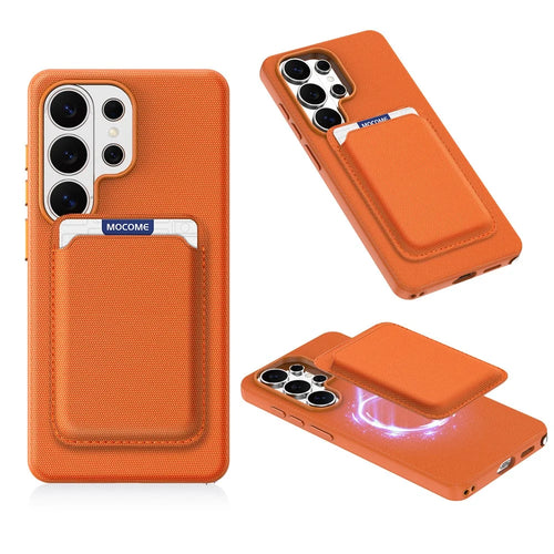 For Samsung Galaxy S26 Ultra Magnetic Case Tech Fabric Coated TPU + PC Phone Cover with RFID Blocking Card Holder - Orange - 1