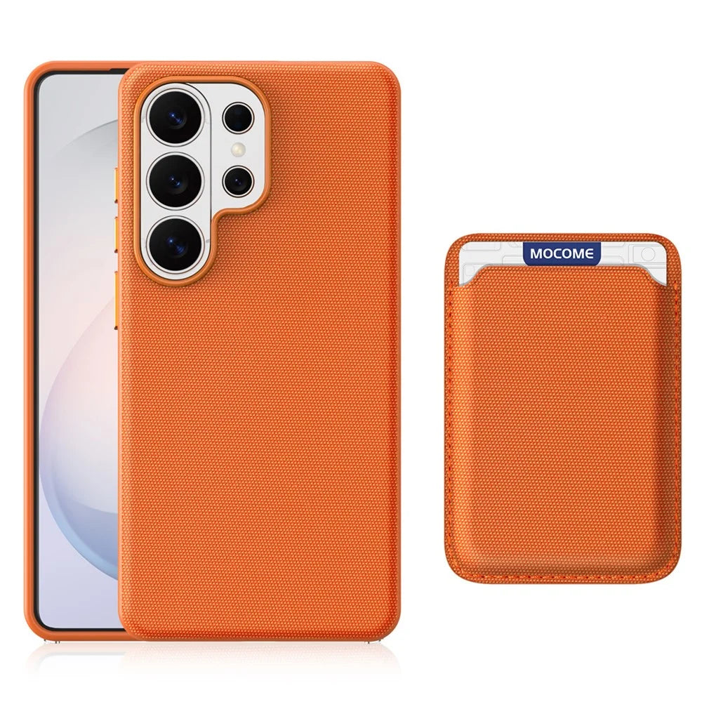 For Samsung Galaxy S26 Ultra Magnetic Case Tech Fabric Coated TPU + PC Phone Cover with RFID Blocking Card Holder - Orange - 2