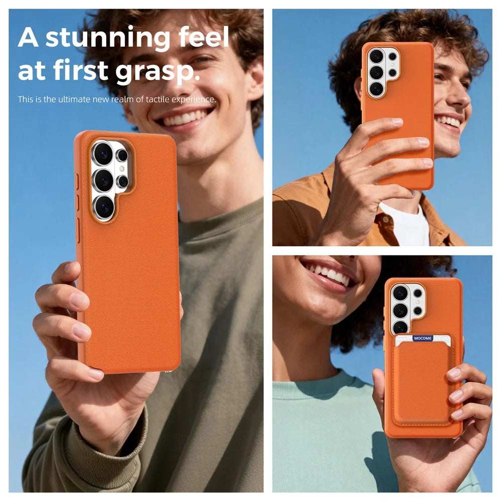 For Samsung Galaxy S26 Ultra Magnetic Case Tech Fabric Coated TPU + PC Phone Cover with RFID Blocking Card Holder - Orange - 3