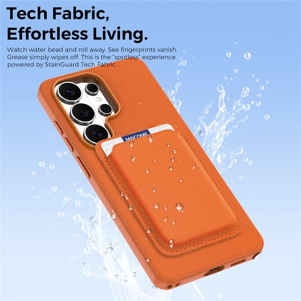 For Samsung Galaxy S26 Ultra Magnetic Case Tech Fabric Coated TPU + PC Phone Cover with RFID Blocking Card Holder - Orange - 4