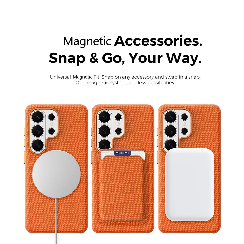 For Samsung Galaxy S26 Ultra Magnetic Case Tech Fabric Coated TPU + PC Phone Cover with RFID Blocking Card Holder - Orange - 5