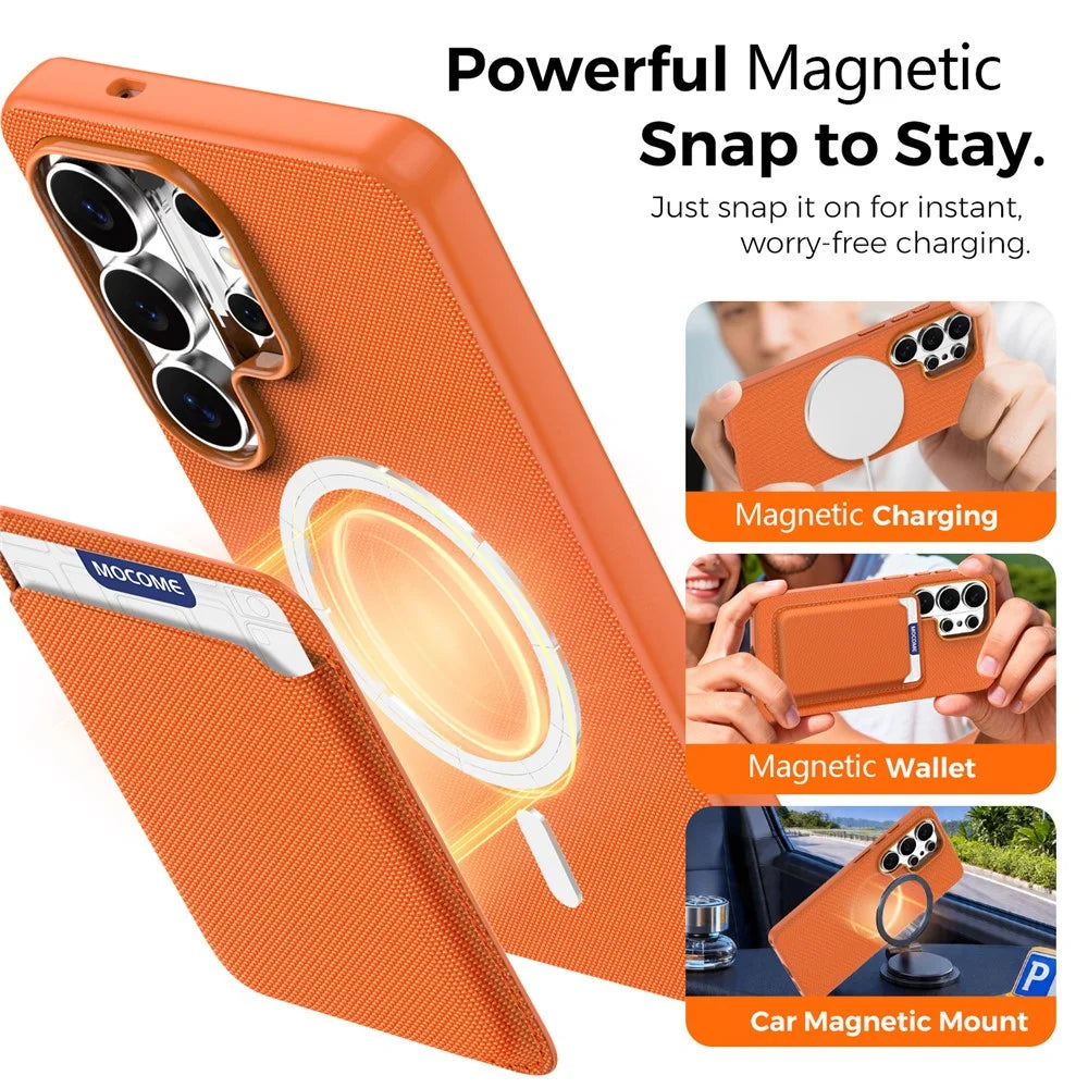 For Samsung Galaxy S26 Ultra Magnetic Case Tech Fabric Coated TPU + PC Phone Cover with RFID Blocking Card Holder - Orange - 6