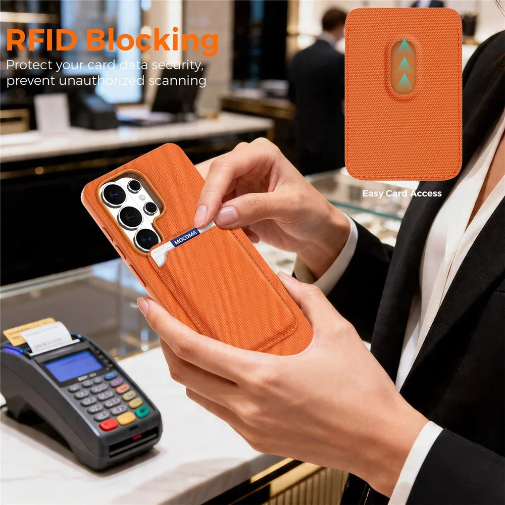 For Samsung Galaxy S26 Ultra Magnetic Case Tech Fabric Coated TPU + PC Phone Cover with RFID Blocking Card Holder - Orange - 7