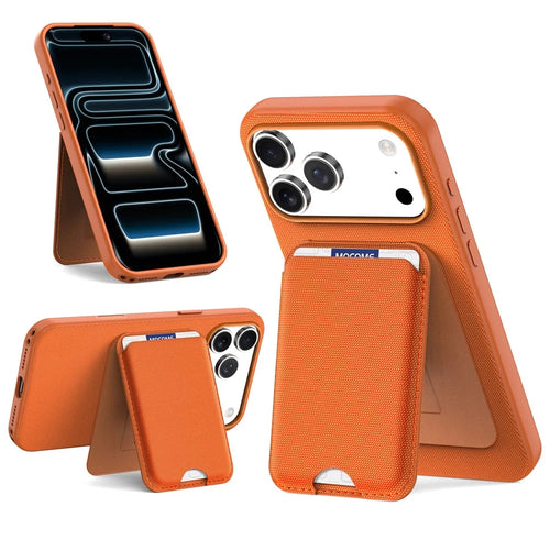 For iPhone 18 Pro Max Magnetic Case Tech Fabric + TPU Card Holder Kickstand Phone Cover - Orange - 1