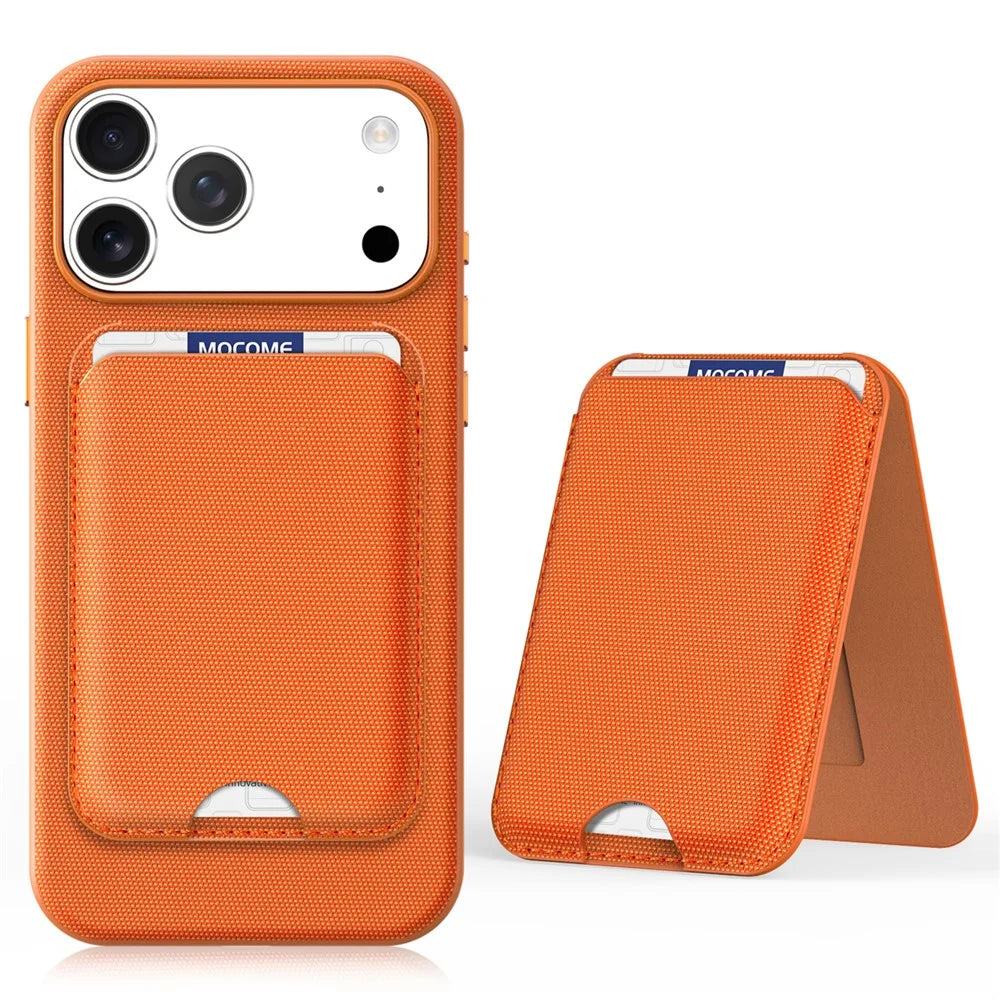 For iPhone 18 Pro Max Magnetic Case Tech Fabric + TPU Card Holder Kickstand Phone Cover - Orange - 2
